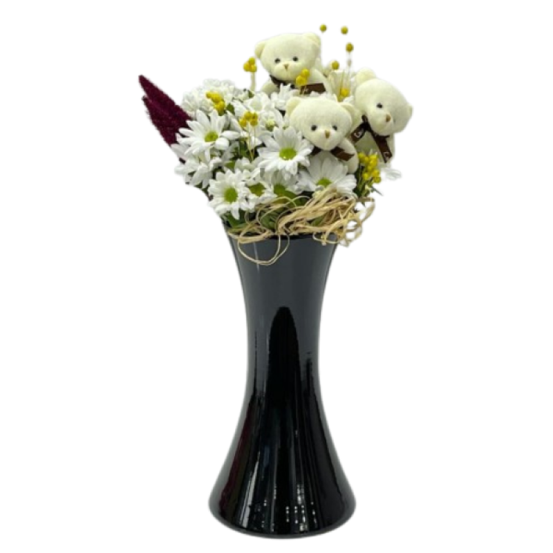 KALİPSO SİYAH VAZODA PAPATYA ve ayıcık