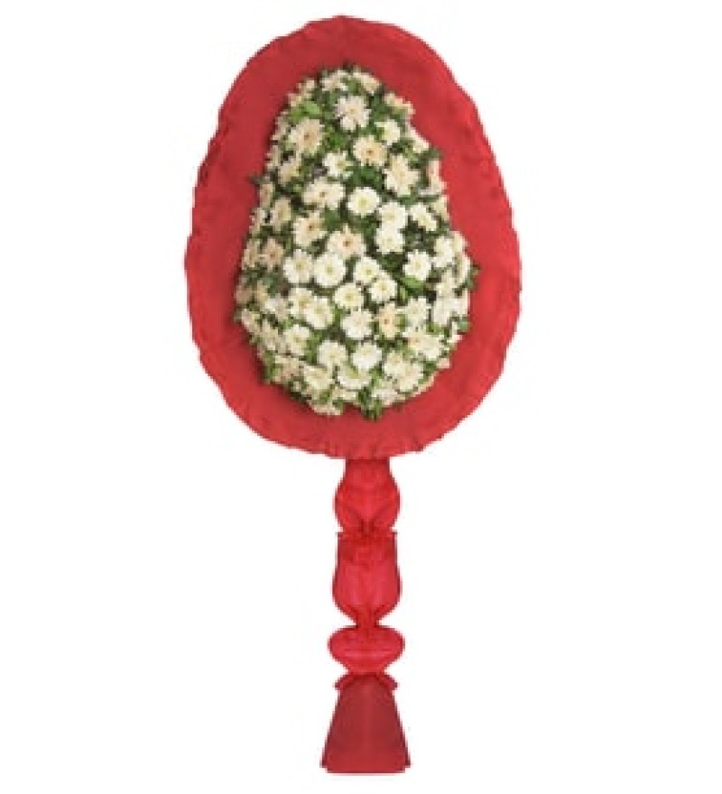 AYAKLI SEPET BEYAZ GERBERALAR KIRMIZI KUŞAKLI