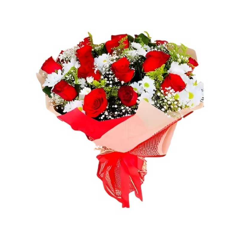 kırmızı beyaz tülde gül ve papatya