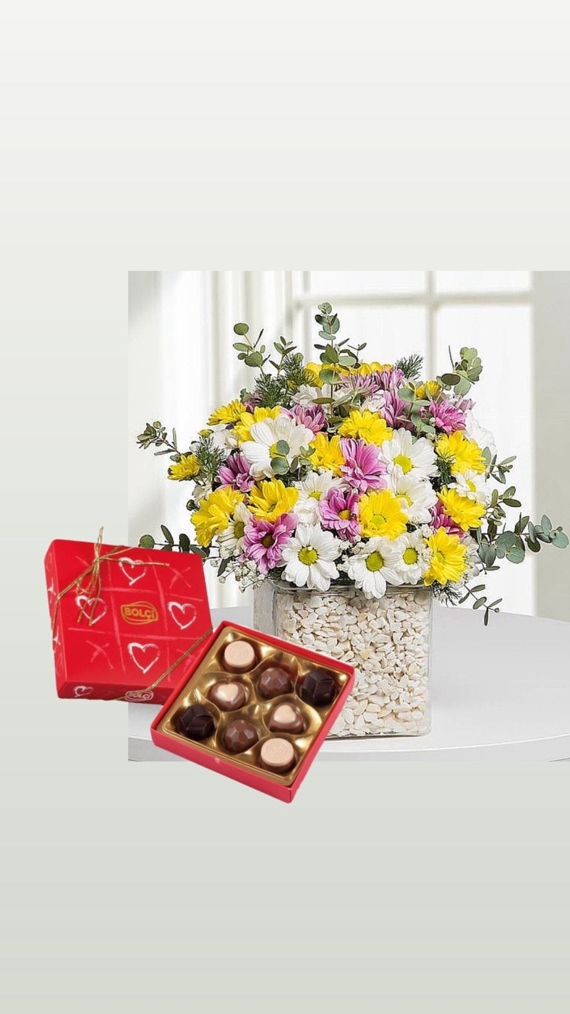 Kare Camda  Renkli Papatyalar & Çikolata