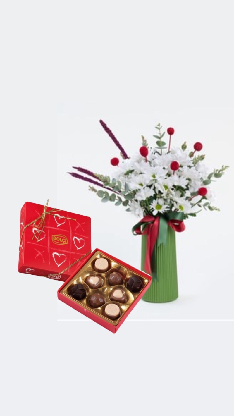 Yeşil Vazoda Papatyalar & Çikolata