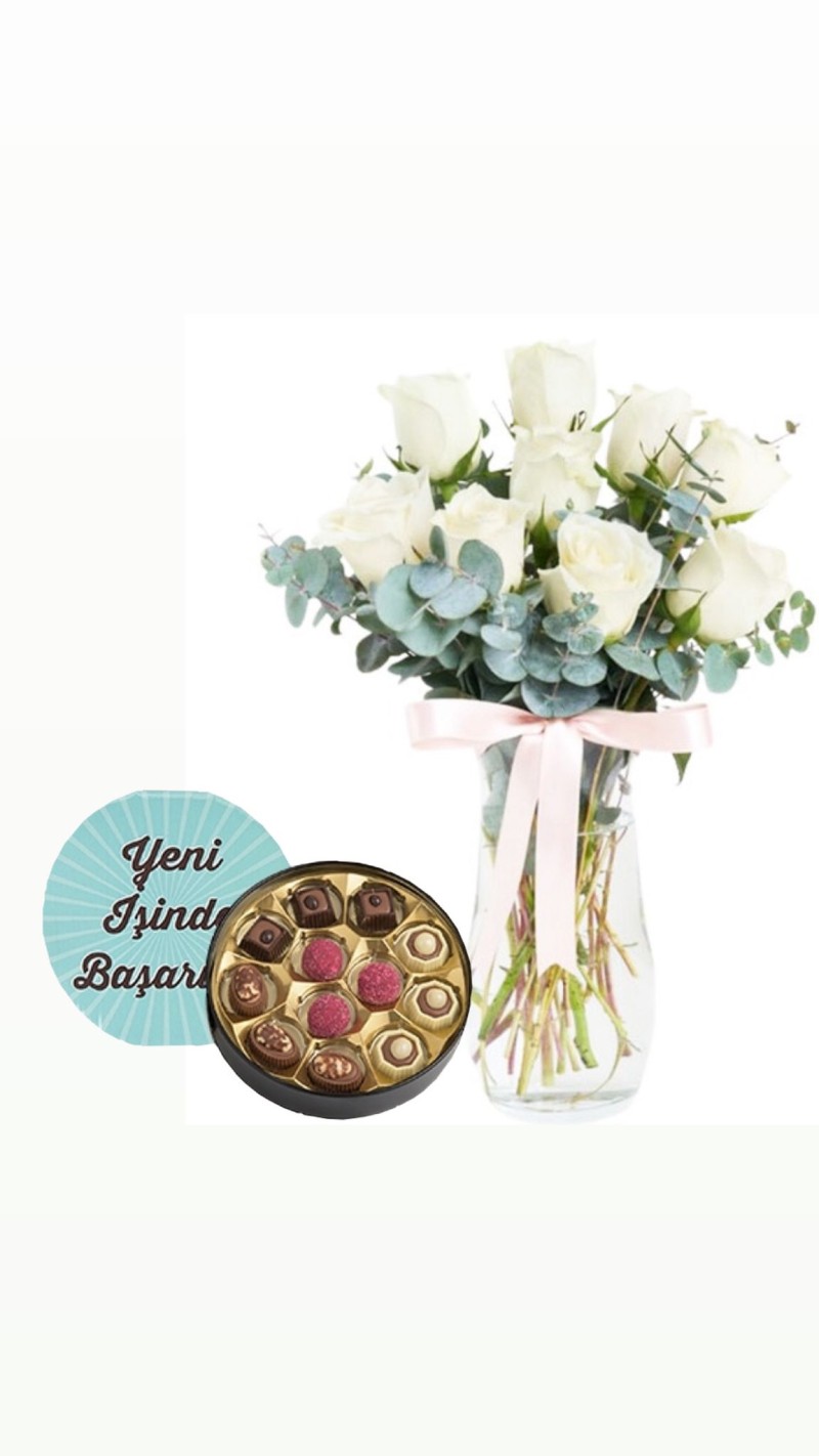 Beyaz Güller ve Yeni İş Tebrikli Çikolata