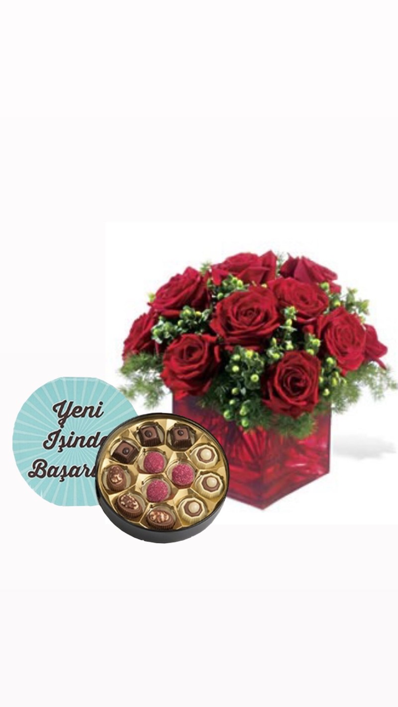 Kırmızı Güller ve Yeni İş Tebrikli Çikolata