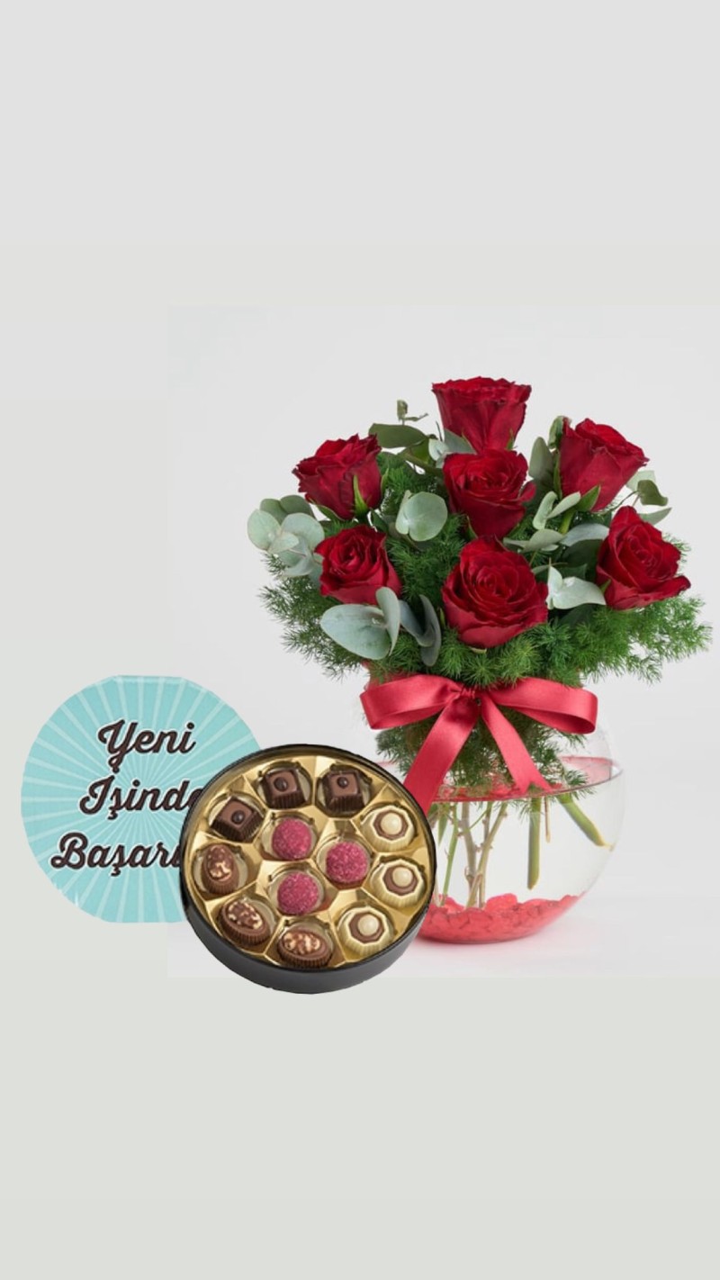Kırmızı Güller & Yeni İş Tebrikli Çikolata