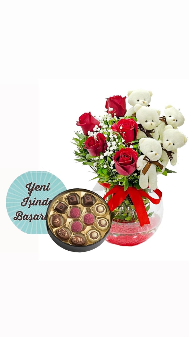 Vazoda Kırmızı Güller ve Ayıcıklı & Yeni İş Tebrikli Çikolata