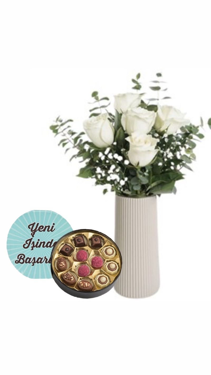 Beyaz Güller & Yeni İş Tebrikli Çikolata
