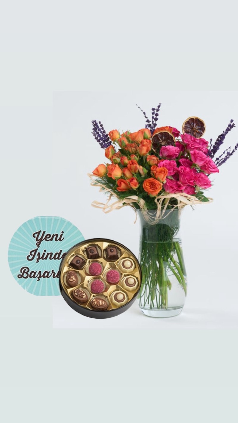 Renkli Çardak Güller & Yeni İş Tebrikli Çikolata