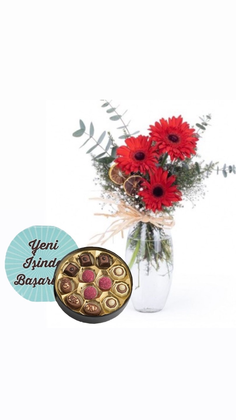 Kristal Vazoda Kırmızı Gerberalar & Yeni İş Tebrikli Çikolata