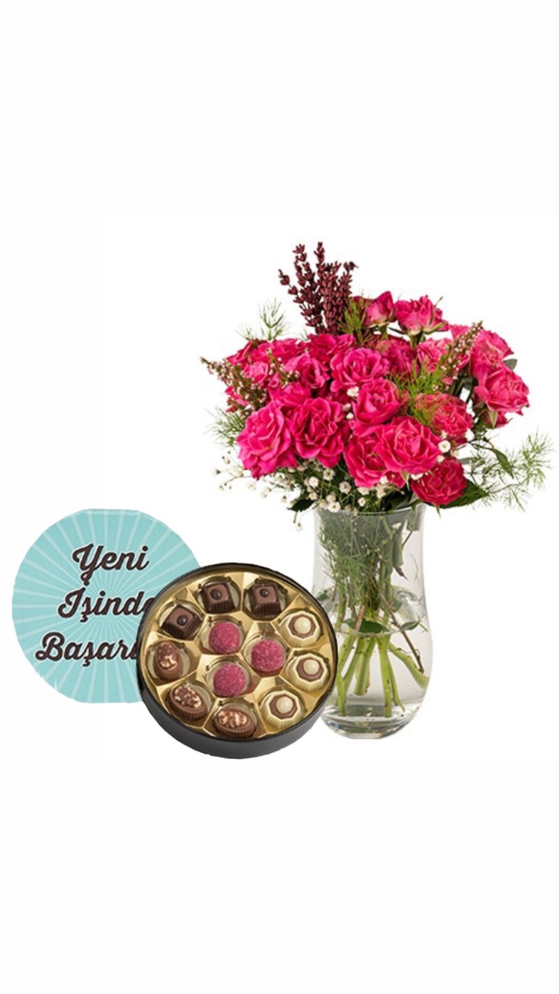 Kristal Vazoda Pembe Çardak Güller & Yeni İş Tebrikli Çikolata