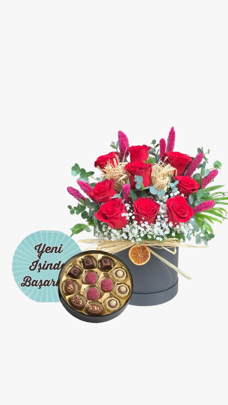 Kutuda Kırmızı Güller & Yeni İş Tebrikli Çikolata