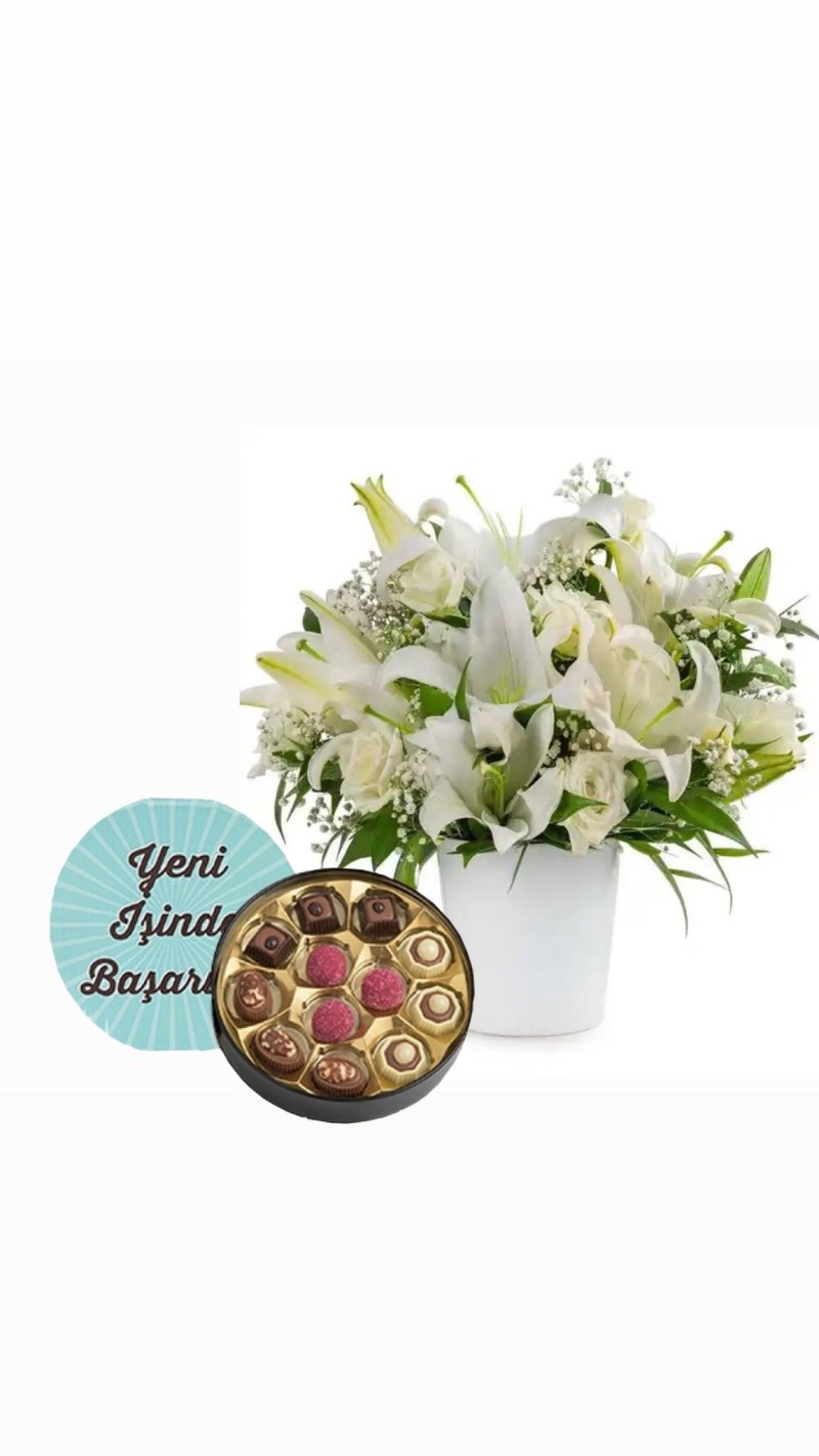 Beyaz Fanusta Beyaz Lilyumlar & Yeni İş Tebrikli Çikolata