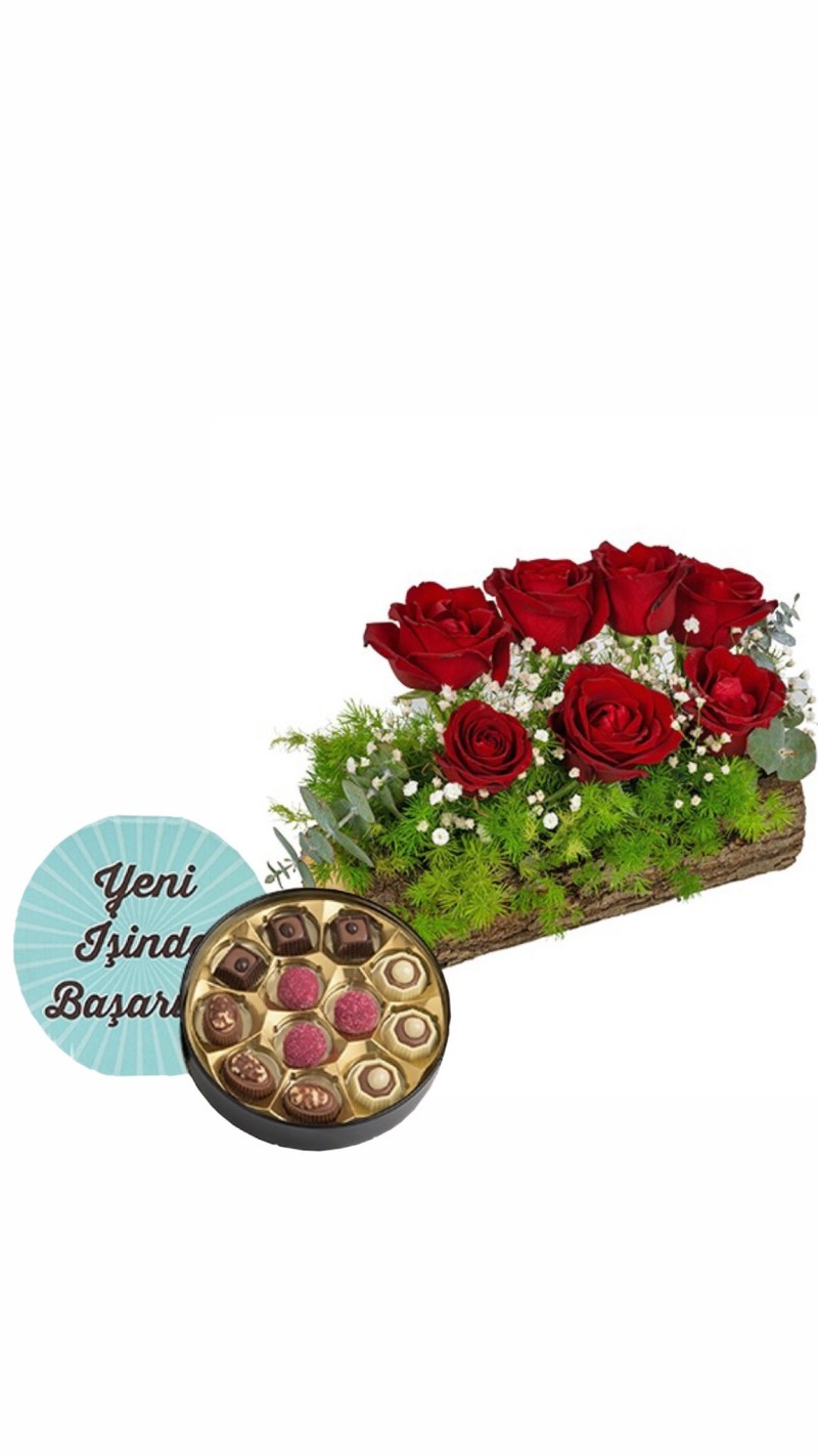 Odunda Kırmızı Güller & Yeni İş Tebrikli Çikolata