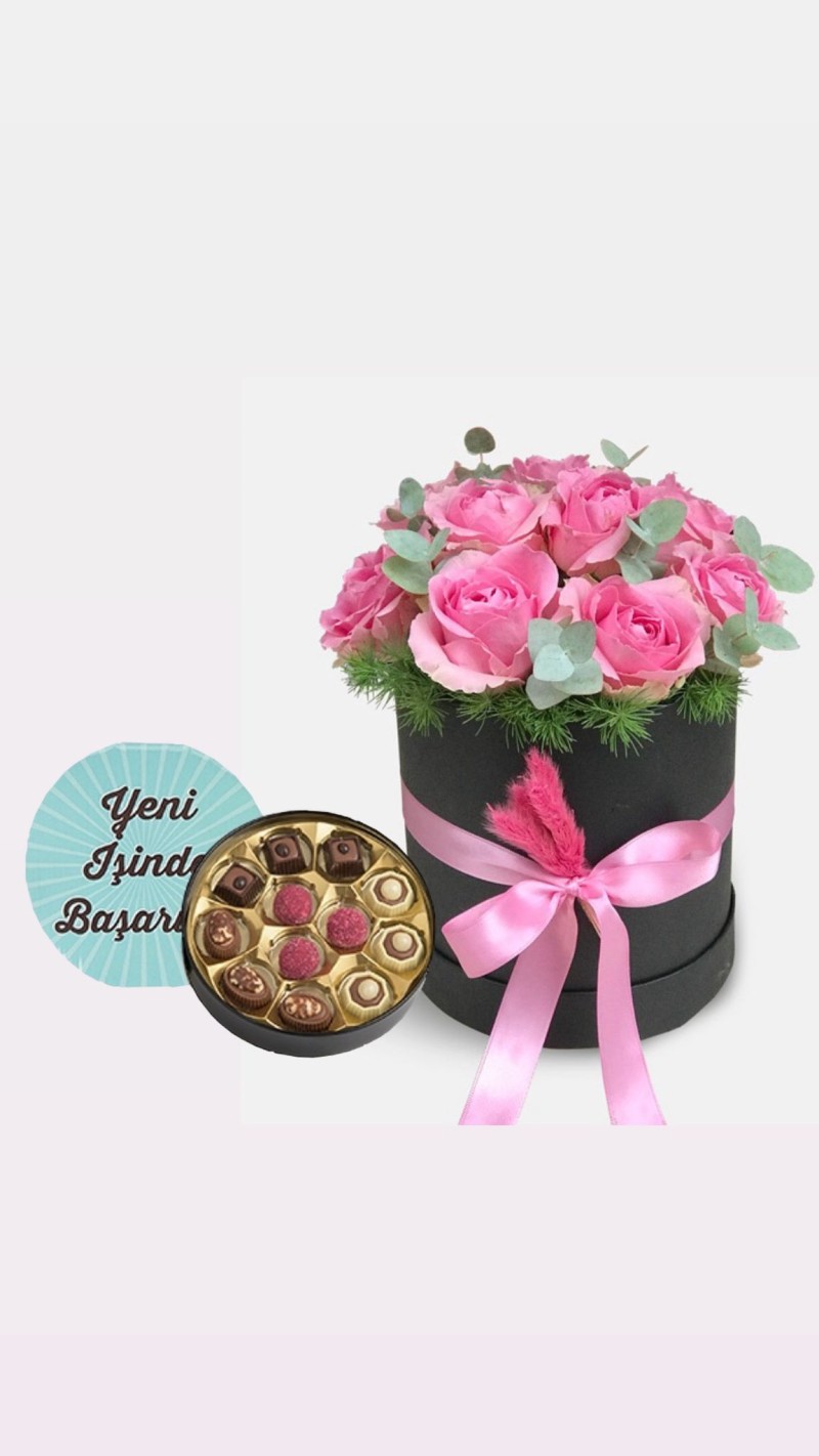 Kutuda Pembe Güller & Yeni İş Tebrikli Çikolata