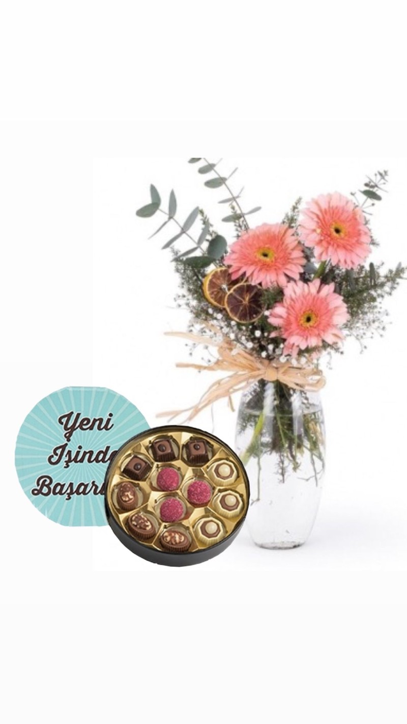 Kristal Vazoda Pembe Gerberalar & Yeni İş Tebrikli Çikolata