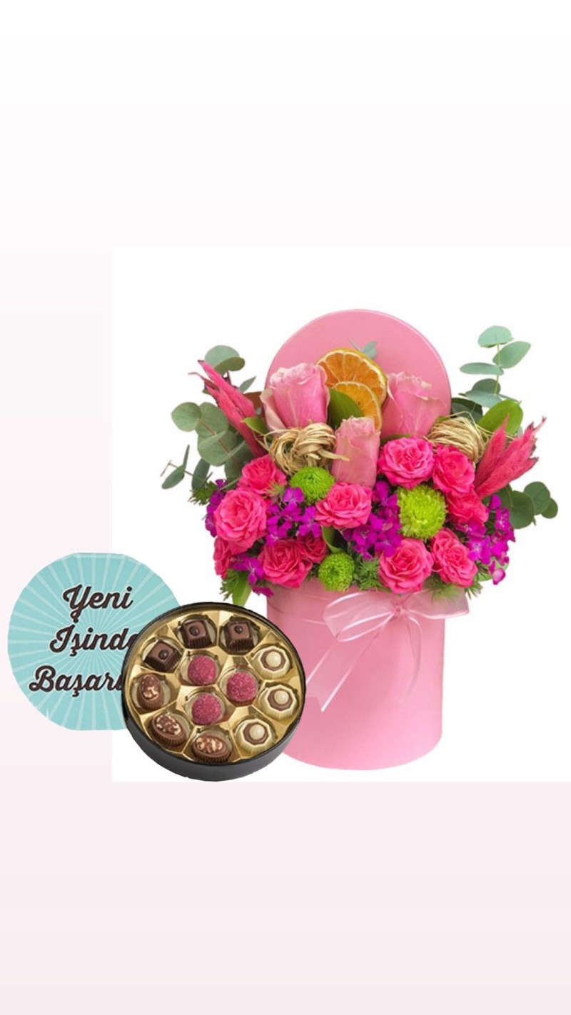 Kutuda Renkli Çardak Güller & Yeni İş Tebrikli Çikolata