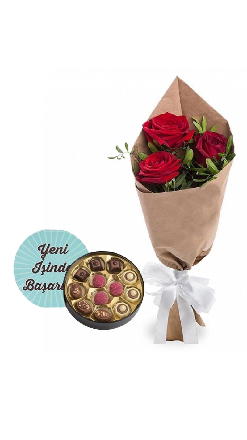 Kırmızı Gül Buketi & Yeni İş Tebrikli Çikolata