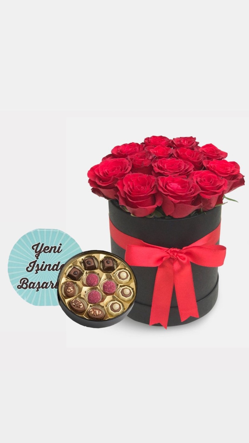 Kutuda Kırmızı Güller & Yeni İş Tebrikli Çikolata