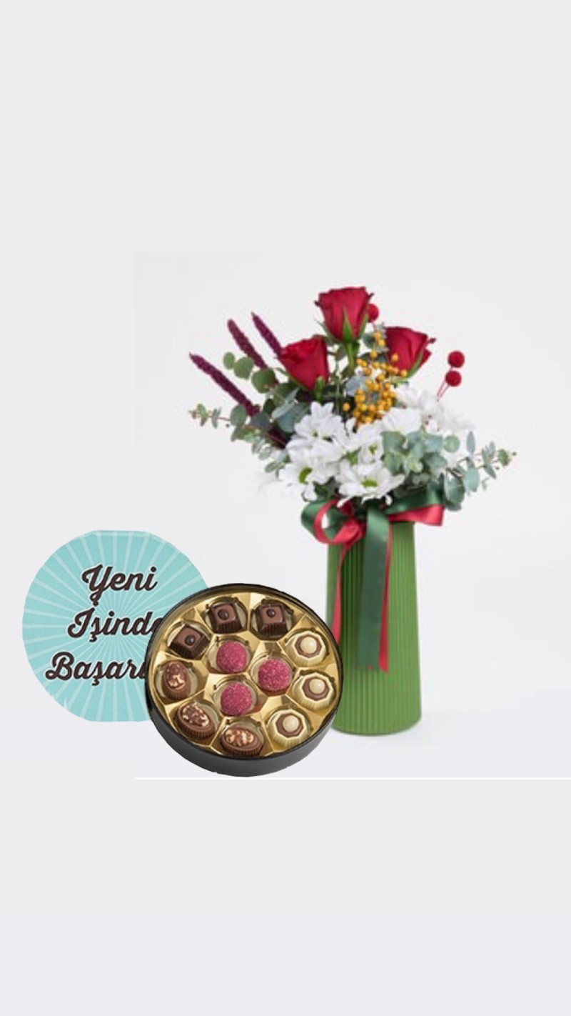 Kırmızı Güller ve Papatyalar & Yeni İş Tebrikli Çikolata