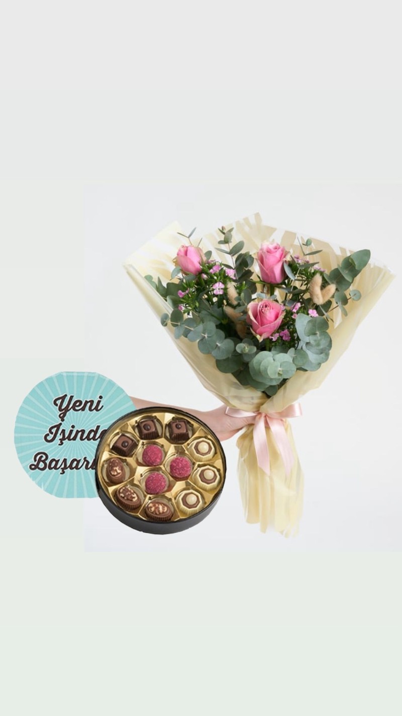 Bukette Pembe Çardak Güller & Yeni İş Tebrikli Çikolata