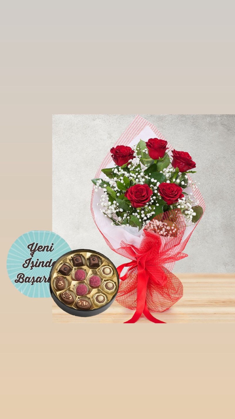 Bukette Kırmızı Güller & Yeni İş Tebrikli Çikolata