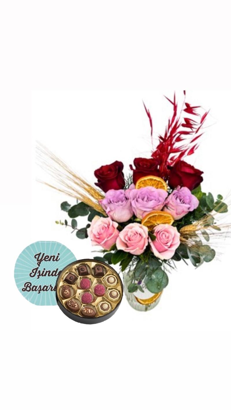 Kristal Vazoda Kırmızı ve Pembe Güller & Yeni İş Tebrikli Çikolata