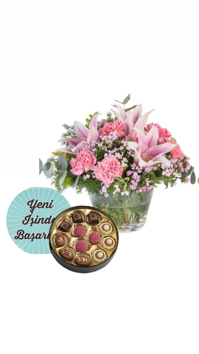 Vazoda Pembe Lilyumlar ve Pembe Karanfiller & Yeni İş Tebrikli Çikolata