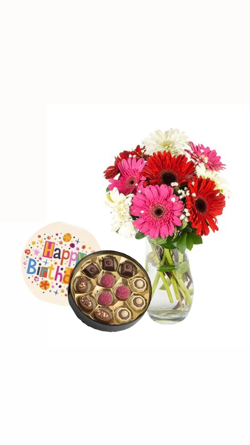 Vazoda Renkli Gerberalar ve Doğum Günü Temalı Çikolata