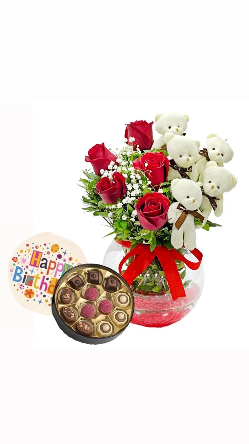 Vazoda Kırmızı Güller ve Ayıcıklar & Doğum Günü Temalı Çikolata