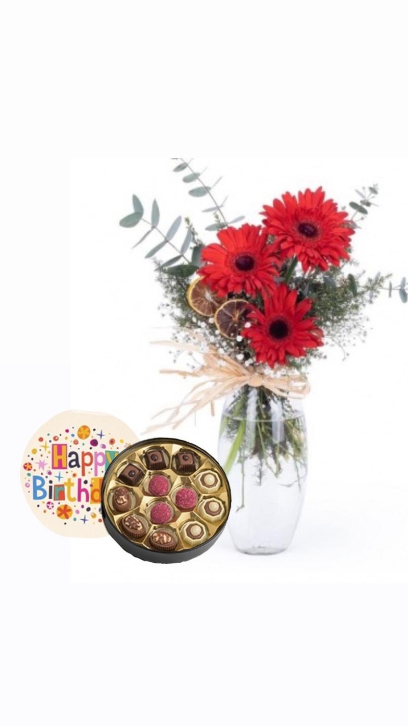 Vazoda Kırmızı Gerberalar & Doğum Günü Temalı Çikolata