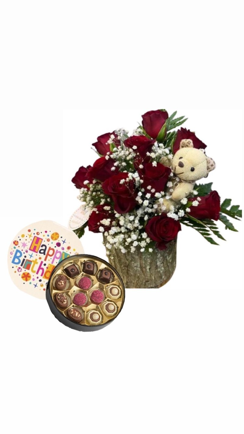 Odunda Kırmızı Güller ve Ayıcık & Doğum Günü Temalı Çikolata