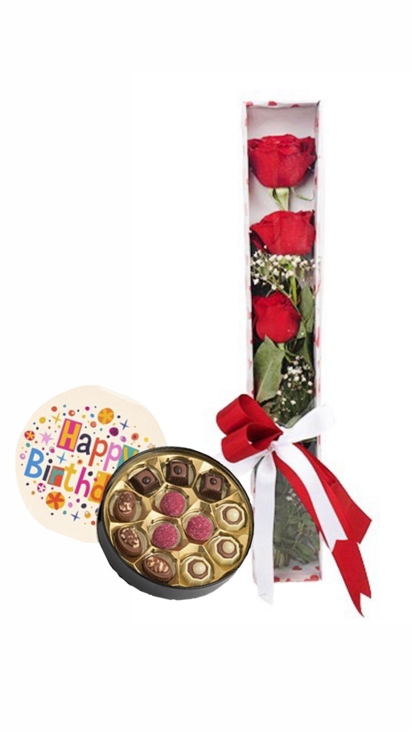 Kutuda Üçlü Gül & Doğum Günü Temalı Çikolata