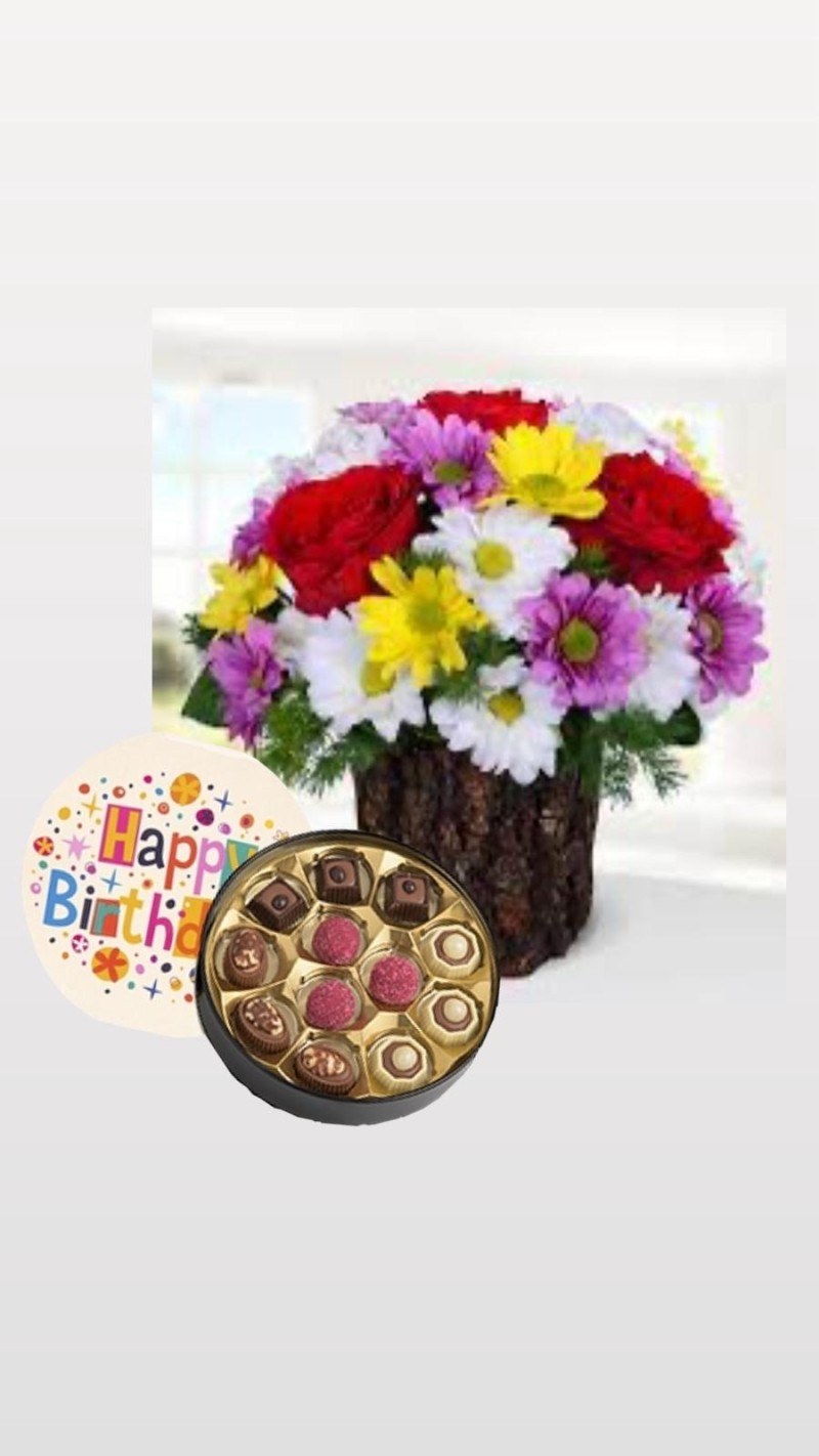 Odunda Renkli Gerberalar & Doğum Günü Temalı Çikolata