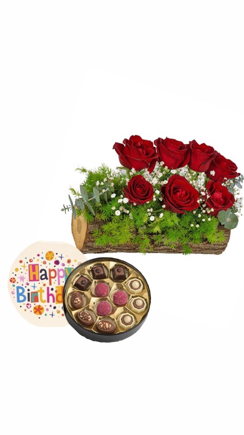 Odunda Kırmızı Güller & Doğum Günü Temalı Çikolata