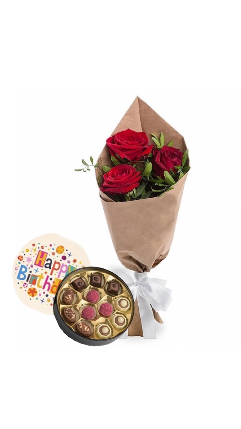 Kırmızı Gül Buketi & Doğum Günü Temalı Çikolata