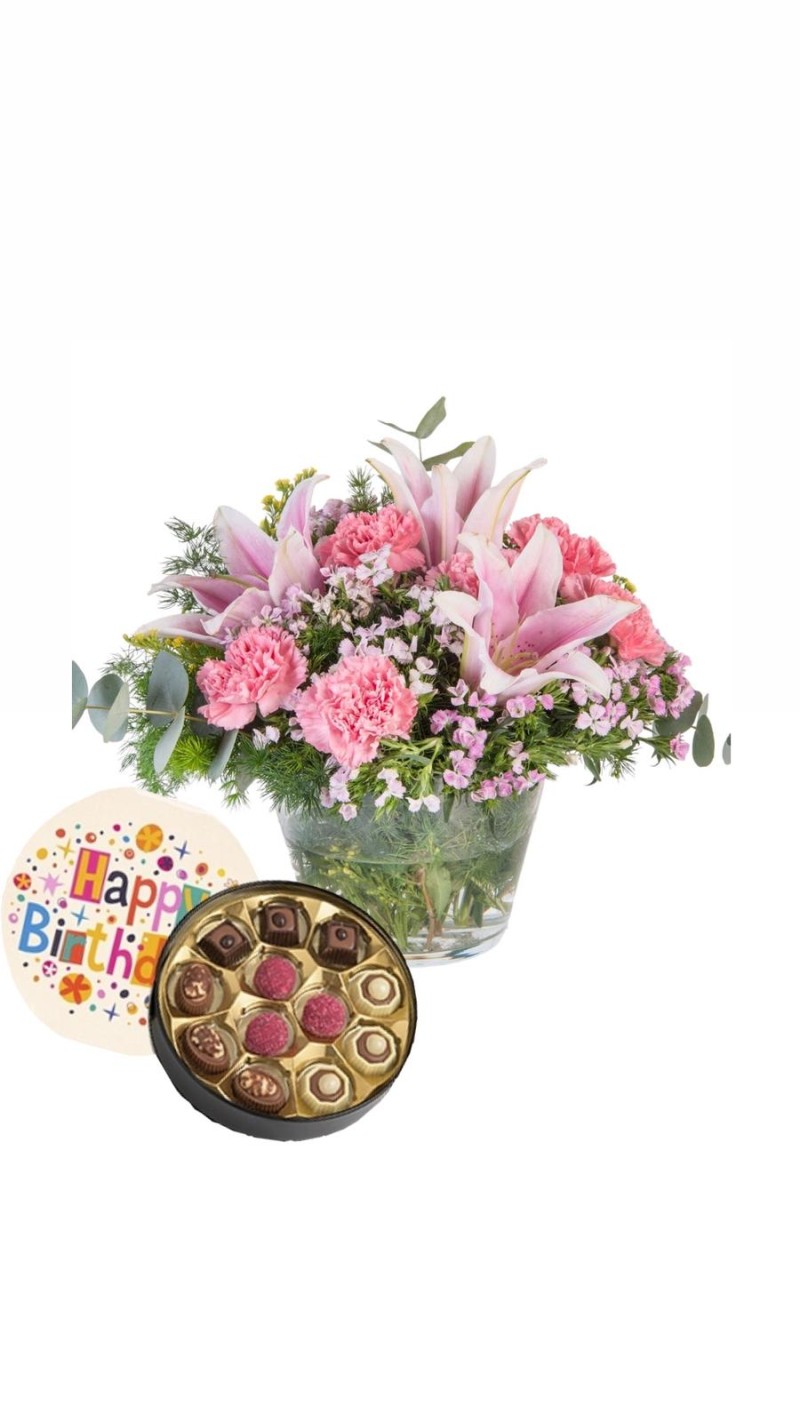 Vazoda Pembe Lilyumlar ve Pembe Karanfiller & Doğum Günü Temalı Çikolata