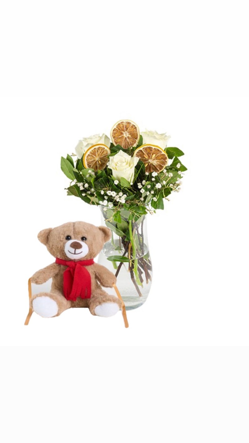 Vazoda Beyaz Güller & Peluş Ayı