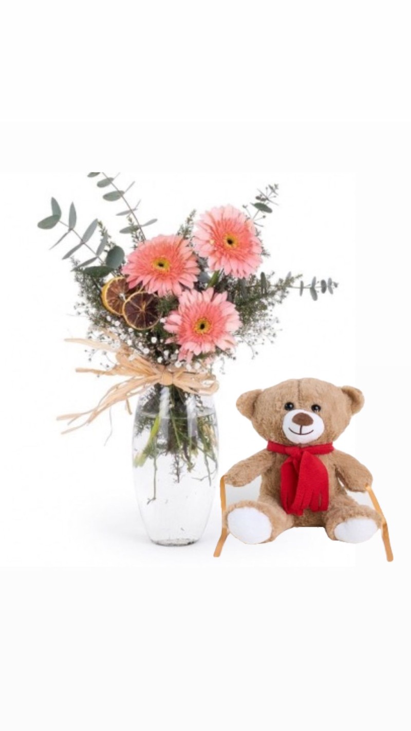 Vazoda Pembe Gerberalar & Peluş Ayı