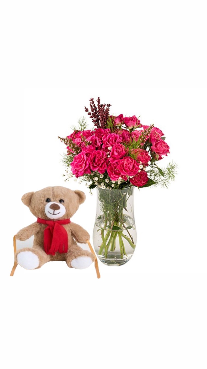 Vazoda Pembe Çardak Güller & Peluş Ayı