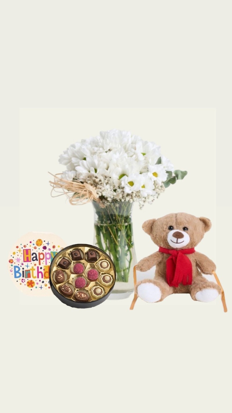 Vazoda Papatyalar & Peluş & Doğum Günü Temalı Çikolata