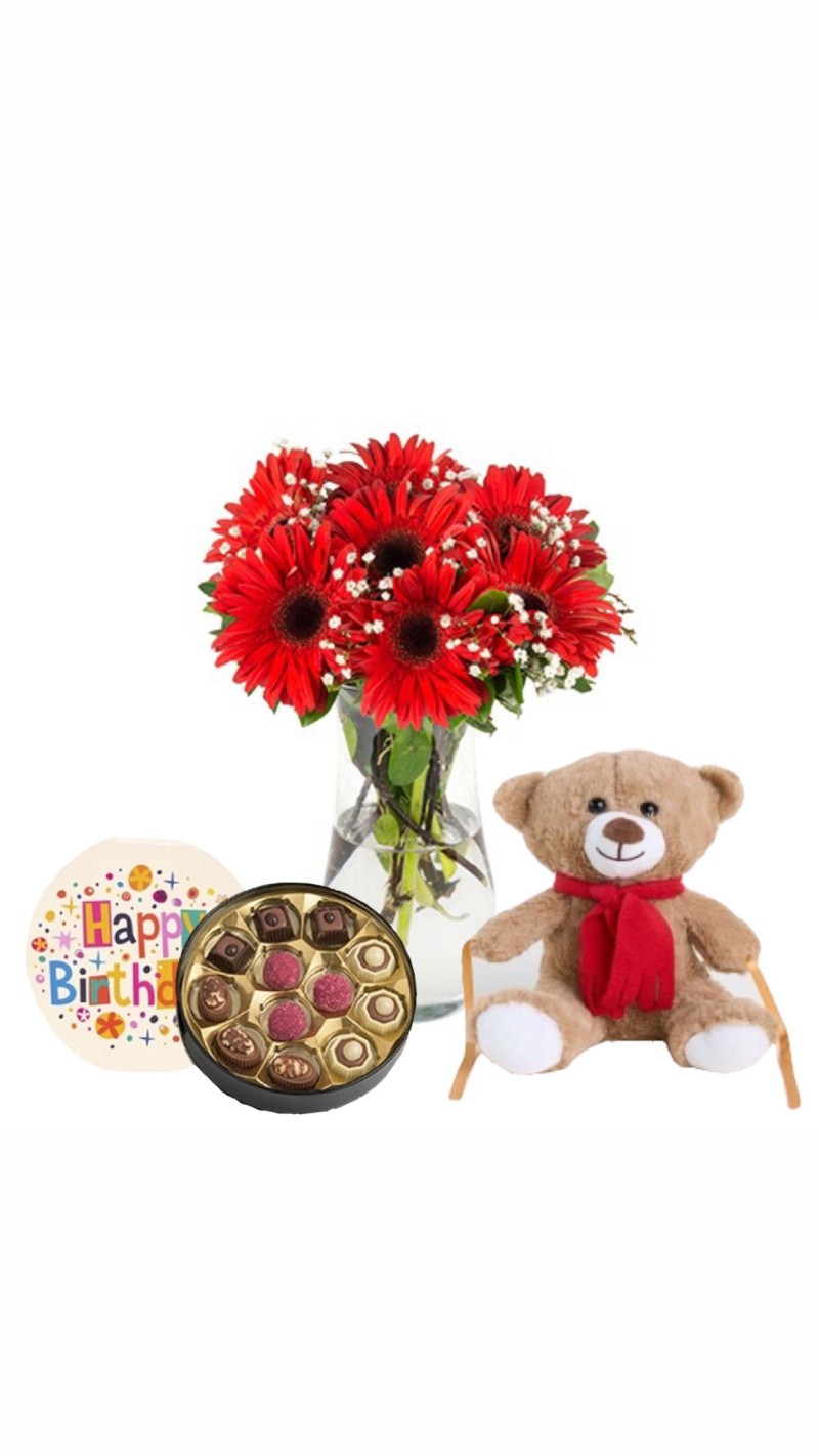 Vazoda Kırmızı Gerberalar & Peluş Ayı & Doğum Günü Temalı Çikolata