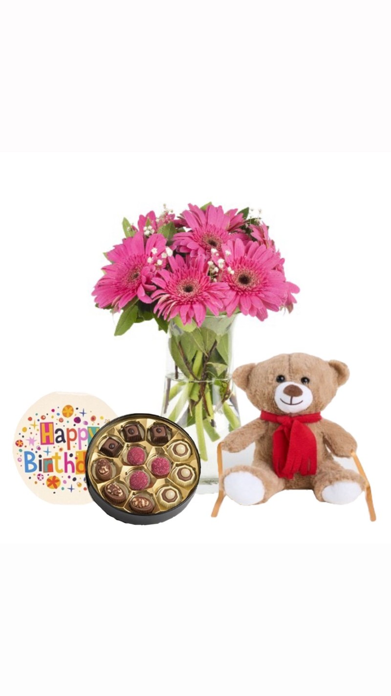 Vazoda Pembe Gerberalar & Peluş Ayı & Doğum Günü Temalı Çikolata