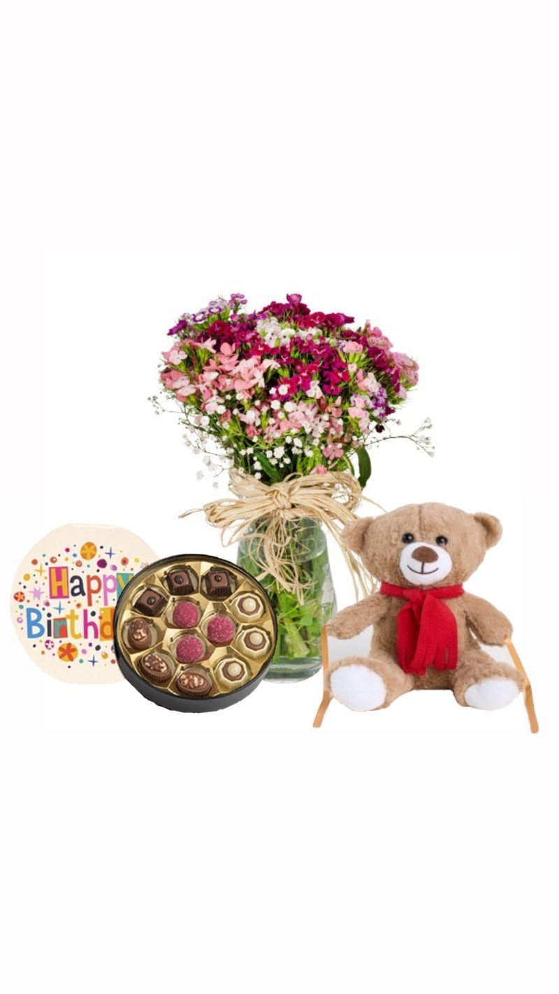 Vazoda Renkli Hüsnü Yusuflar & Peluş Ayı & Doğum Günü Temalı Çikolata