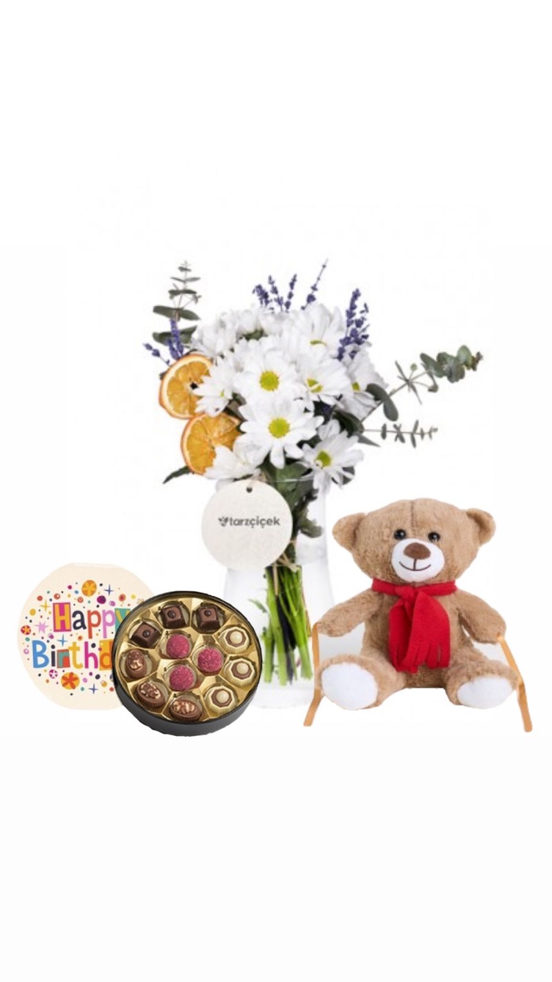 Vazoda Papatyalar & Peluş Ayı & Doğum Günü Temalı Çikolata