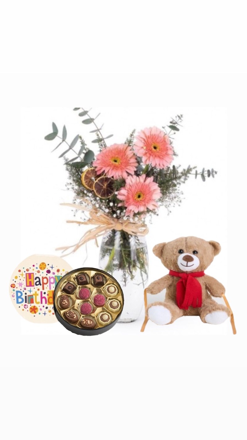 Vazoda Pembe Gerberalar & Peluş Ayı & Doğum Günü Temalı Çikolata