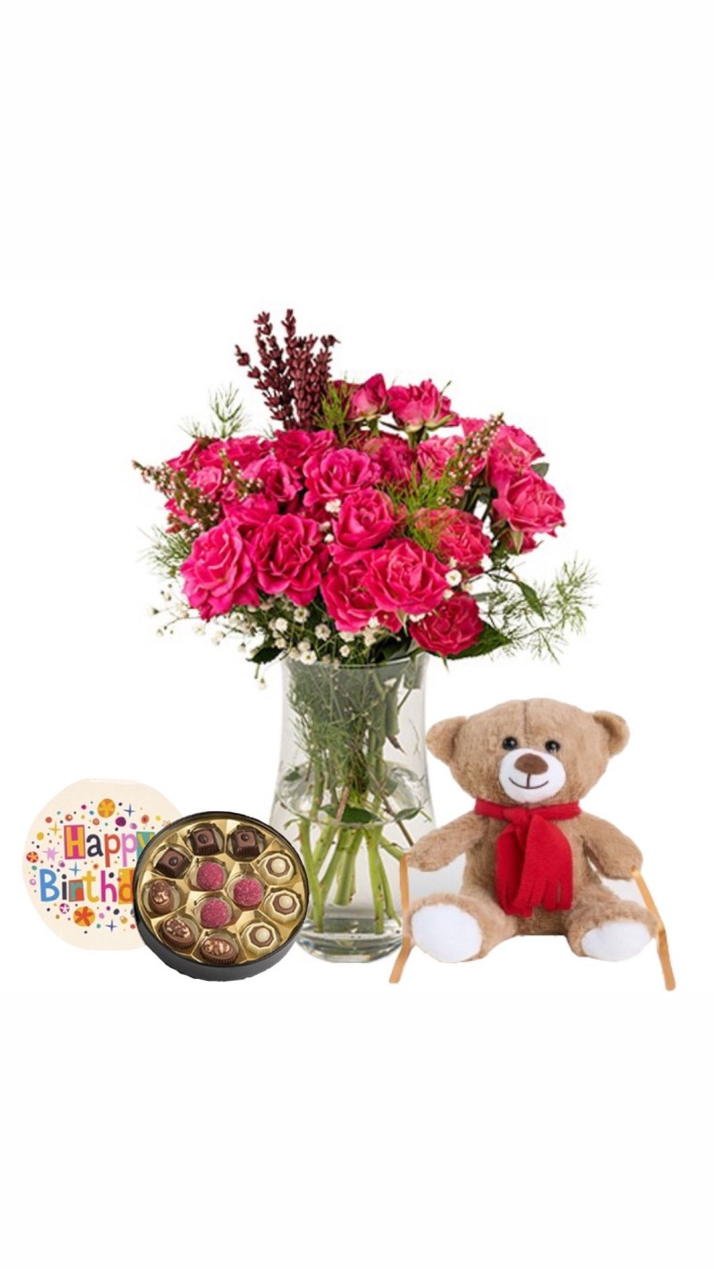 Vazoda Pembe Çardak Güller & Peluş Ayı & Doğum Günü Temalı Çikolata